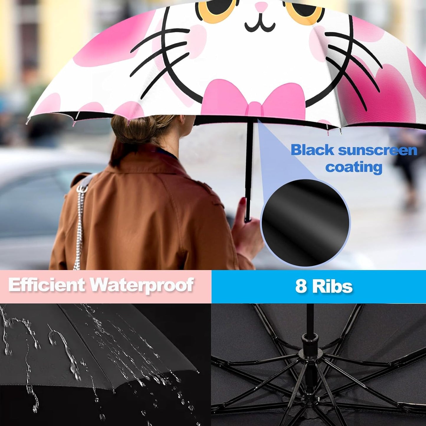 Small Travel Folding Umbrella for Girl, Portable, UV, SunShade, Compact, Automatic, Rain & Wind