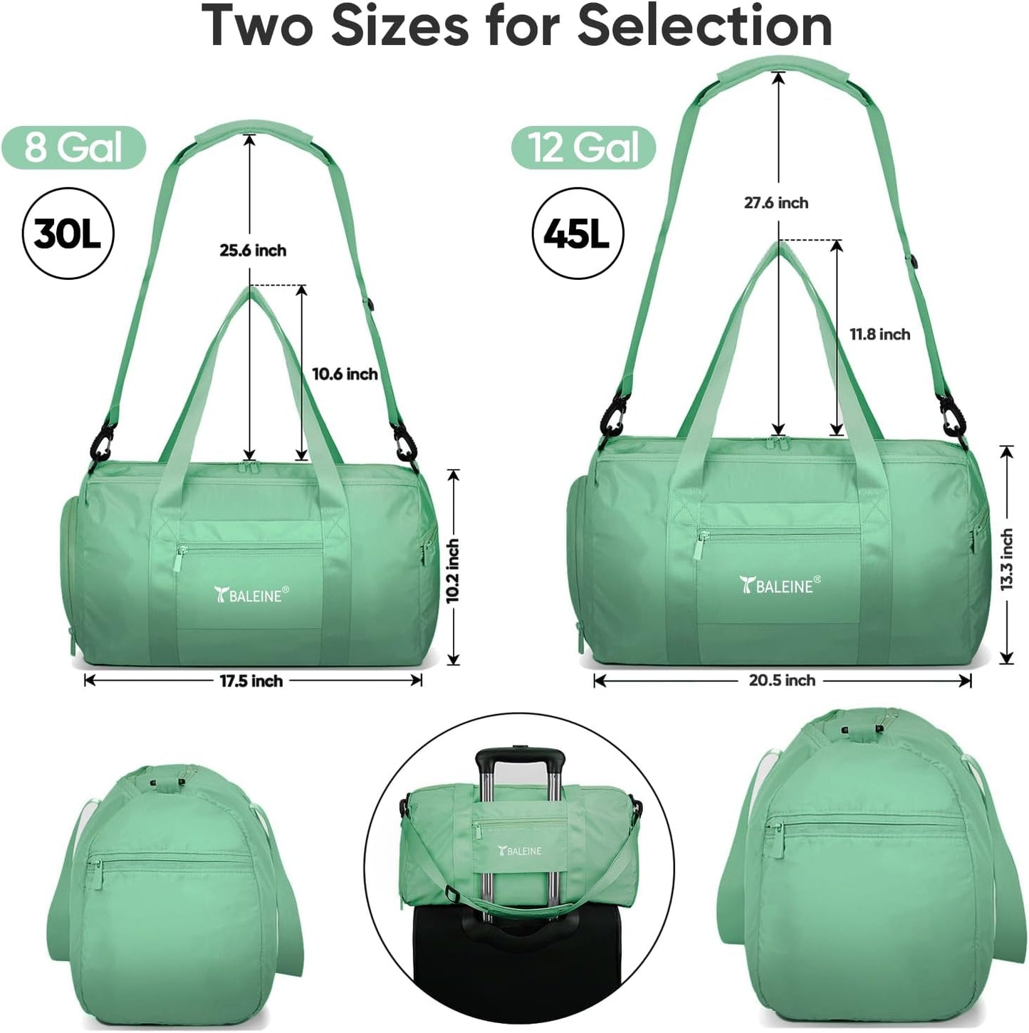 BALEINE Gym Bag for Women and Men, Small Duffel Bag for Sports, Gyms and Weekend Getaway, Waterproof Dufflebag with Shoe and Wet Clothes Compartments, Lightweight Carryon Gymbag (Green)