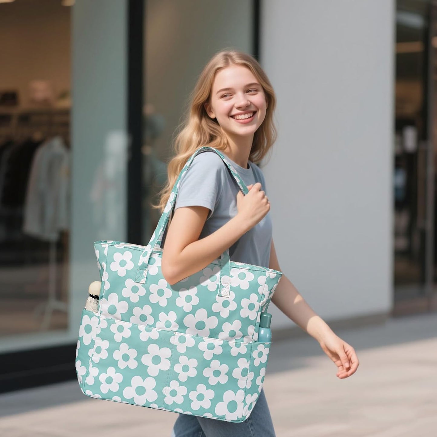 LEDAOU Large Beach Tote Bag Women Waterproof Sandproof Zipper Beach Tote Bag for Pool Gym Grocery Travel with Wet Pocket