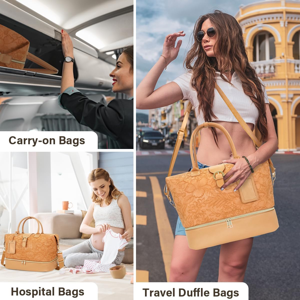 Leather Weekender Bags for Women, Travel Duffel Bag PU Overnight Bag Carry On Tote Bag with Shoe Compartment Wet Pocket