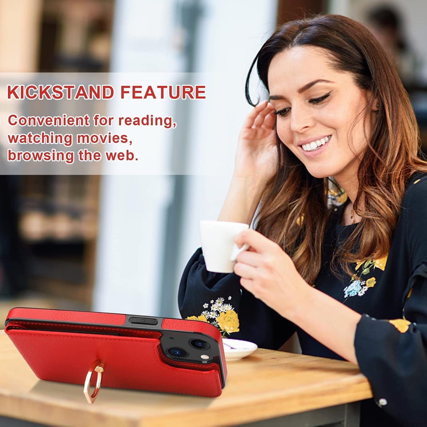 Folosu Compatible with iPhone 14 Case Wallet with Card Holder, 360°Rotation Finger Ring Holder Kickstand, RFID Blocking Leather Protective Double Buttons Shockproof Cover 6.1 Inch Red