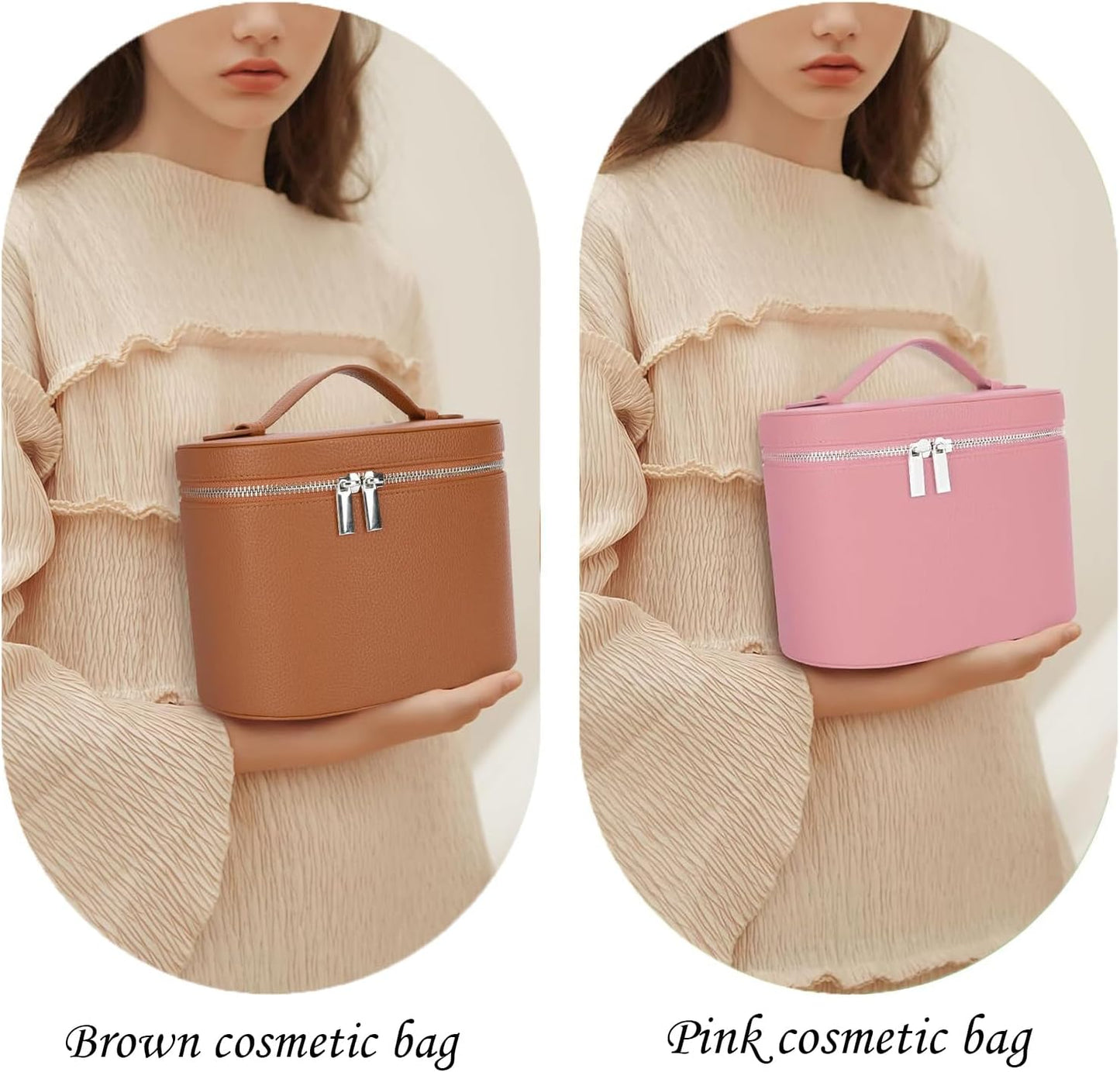 Leather Make Up Bags With Compartments, Pink Travel Cosmetic Bags for Women, Parallel Makeup Travel Bags Organizer Equipped With a Detachable Divider