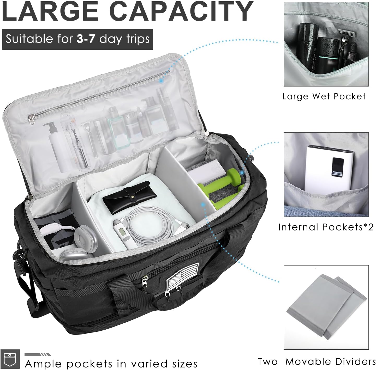 ETRONIK Travel Bag for Men Women, Gym Bag & Tactical Duffle Bags for Travel, Carry on with Toiletry Bag and Shoe Compartment, Weekender Overnight Trip with Wet Pocket for Workout Medical, Black