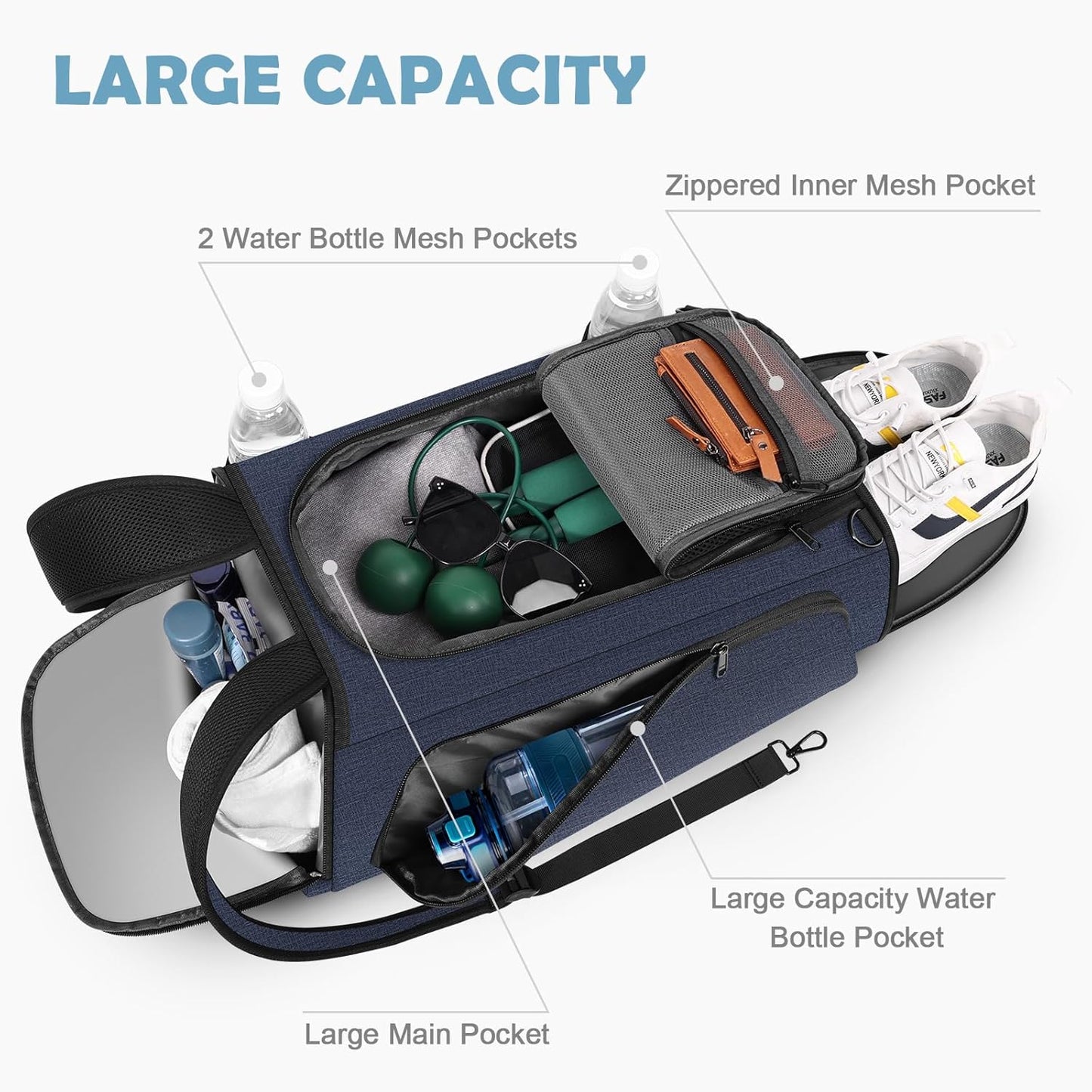 Gym Bag for Women Men, Duffle Travel Bag with Shoes Compartment and Wet Pocket, Waterproof Overnight Carry On Bag Backpack with Two Elastic Bottle Holders for Travel, Workout, Sports, Weekend - MIYCOO