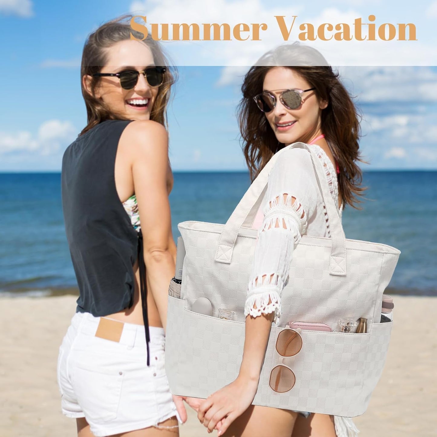 LEDAOU Beach Bag Waterproof Sandproof Women Tote Bag Pool Bag with Zipper for Gym Grocery Travel with Wet Pocket