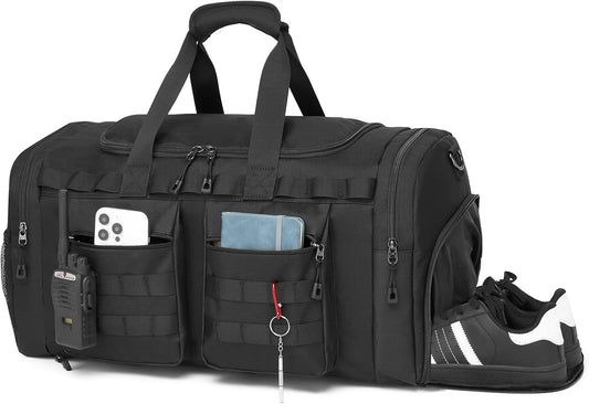 Tactical Gym Bag for Men,Carry On Duffel Bag with Shoe Compartment Gym Duffle bags for Travel Military Duffle Bags with Molle System for Weekend Overnight bag Women Black