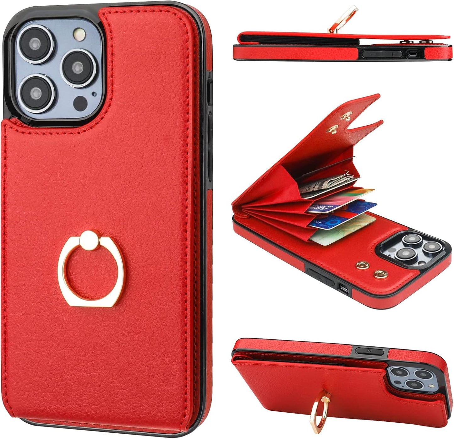 Folosu Compatible with iPhone 14 Pro Max Case Wallet with Card Holder, 360°Rotation Finger Ring Holder Kickstand, RFID Blocking Leather Protective Double Buttons Shockproof Cover 6.7 Inch Red