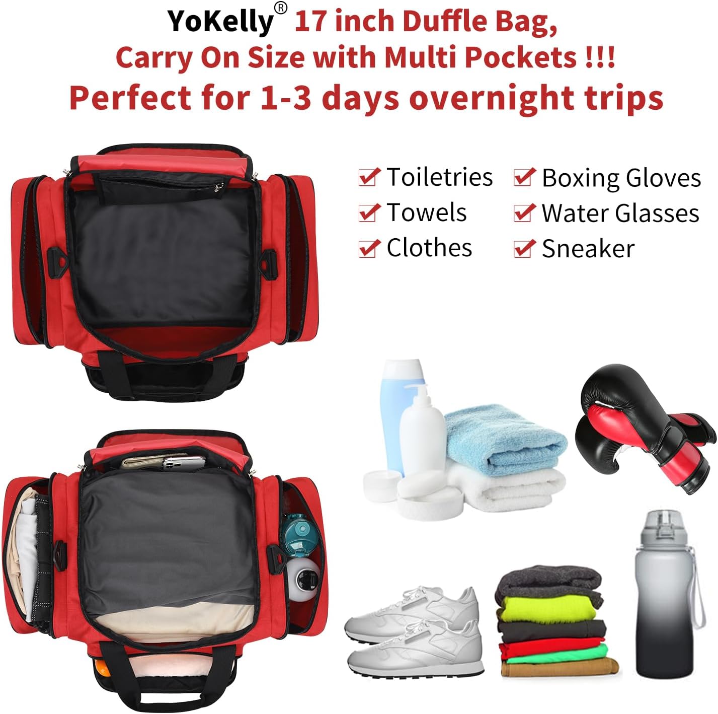 Small Duffel Bag 17 inch Carry On Weekender Bag for Travel Gym Sport (17x10x9 in) - Red