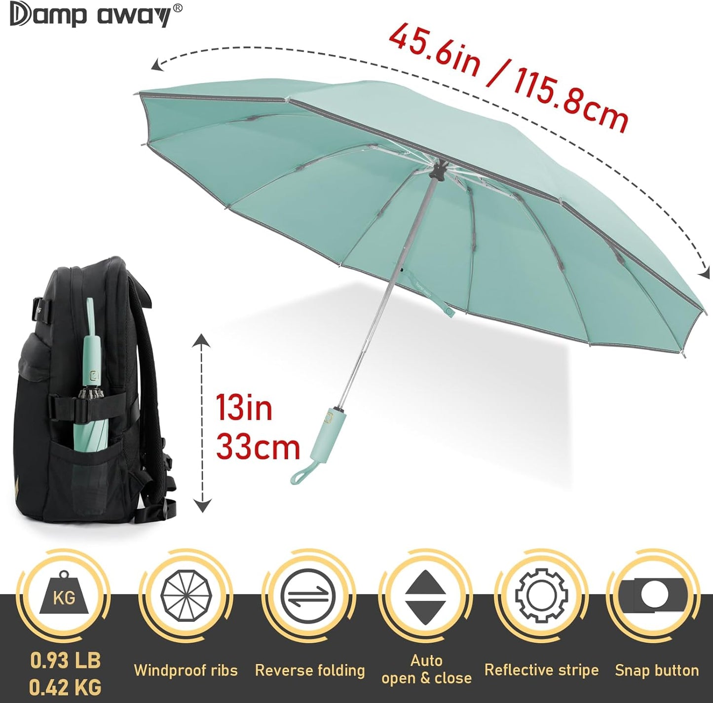 Windproof Travel Umbrella for Rain, Large Portable Reverse Folding Car Umbrella, Inverted Design, Compact Auto Open Close with Durable Waterproof Canopy, Fits Backpack/Women Men, 45.6 Inch