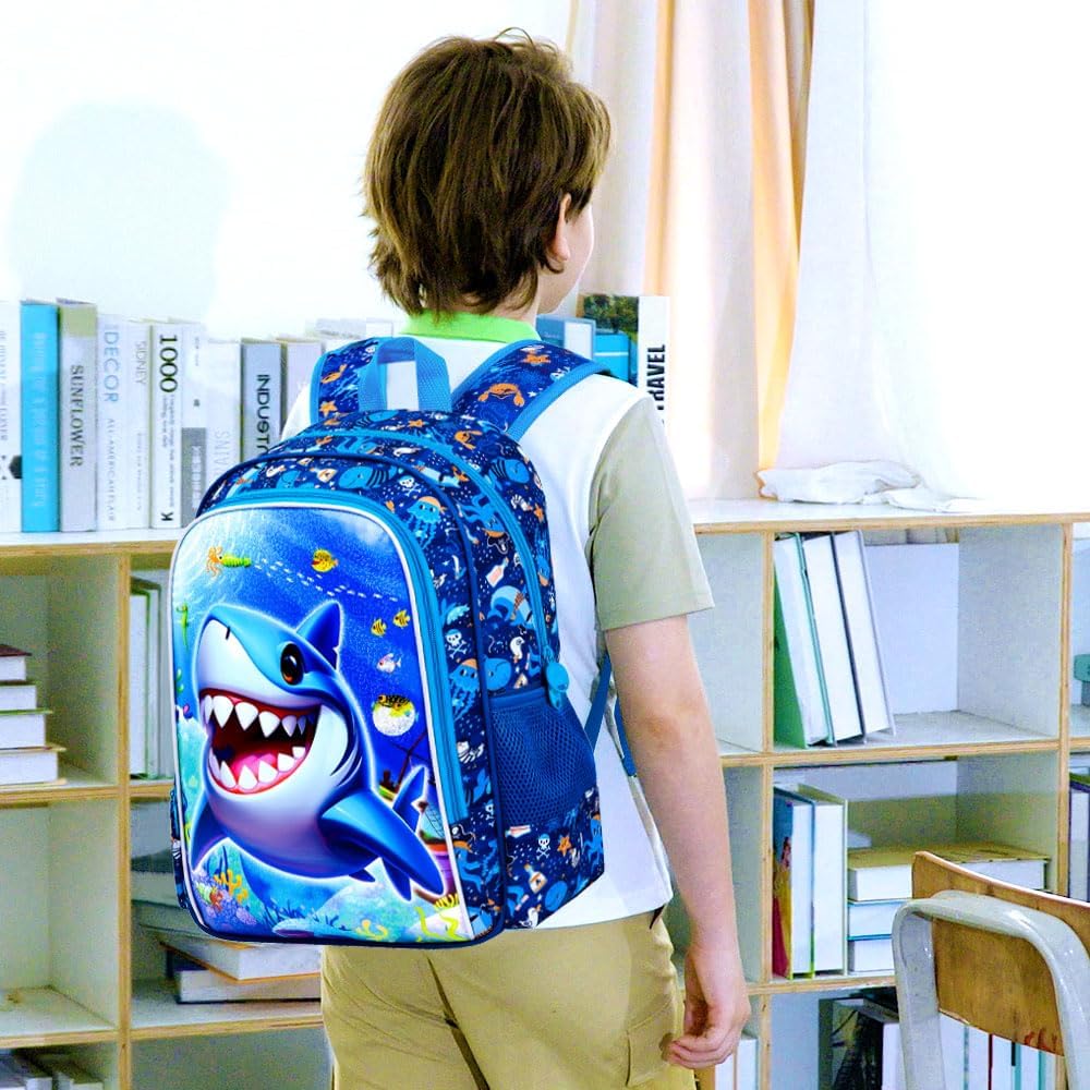 16" Shark Backpack for Boys, 3Pcs Kids Bookbag with Lunch Box, School Backpacks for Elementary Preschool Kindergarten (Blue)