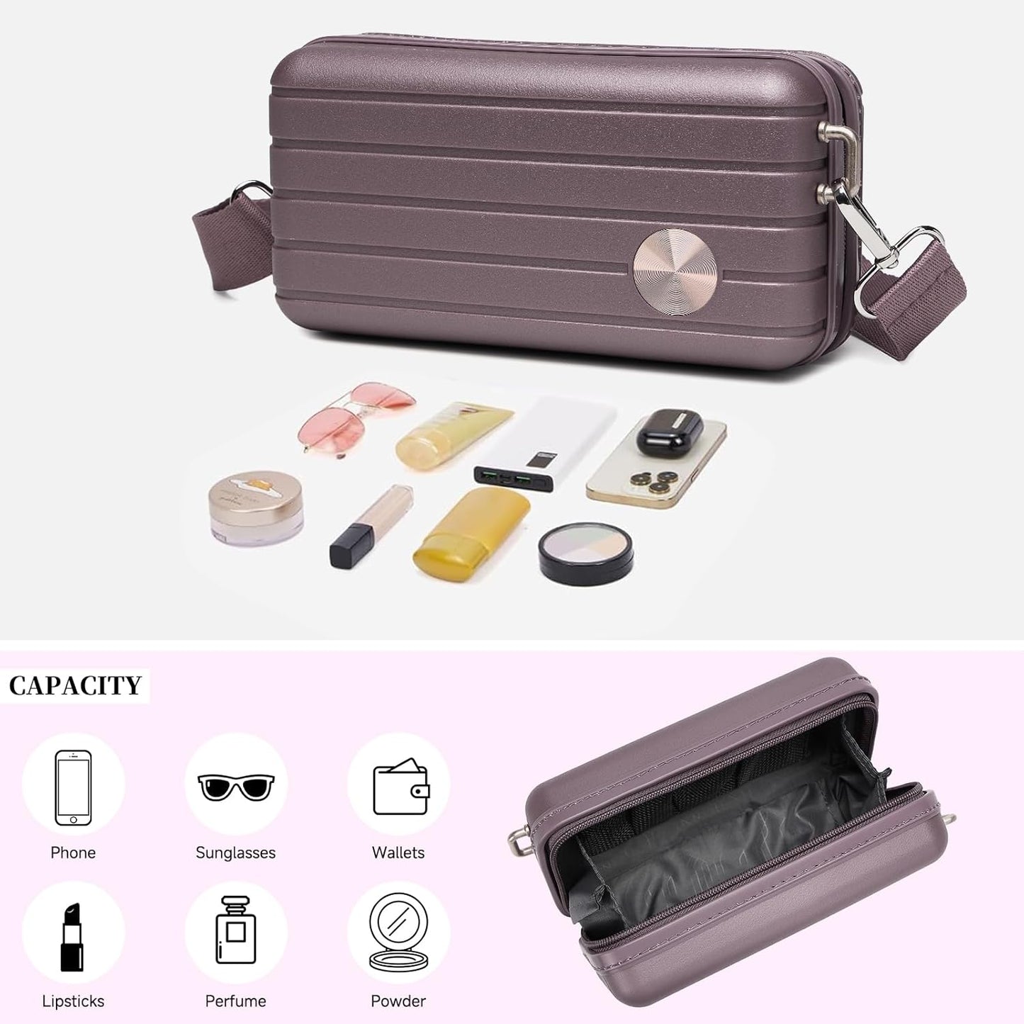 Somago Hard Shell Suitcase Handbag with Adjustable Strap Mini Cosmetic Handbag Cell Phone Purse Bag for 6.9" Shoulder Bag(Elegant Purple)