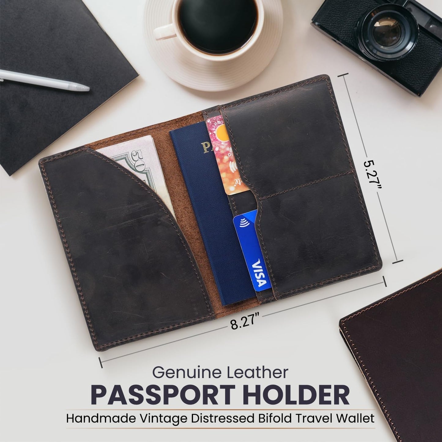 Leather Passport Holder with Travel Wallet, Genuine Leather Passport Cover- Passport Wallet, Leather Folding Wallet for Passports (Oval Cut, Dark Brown)