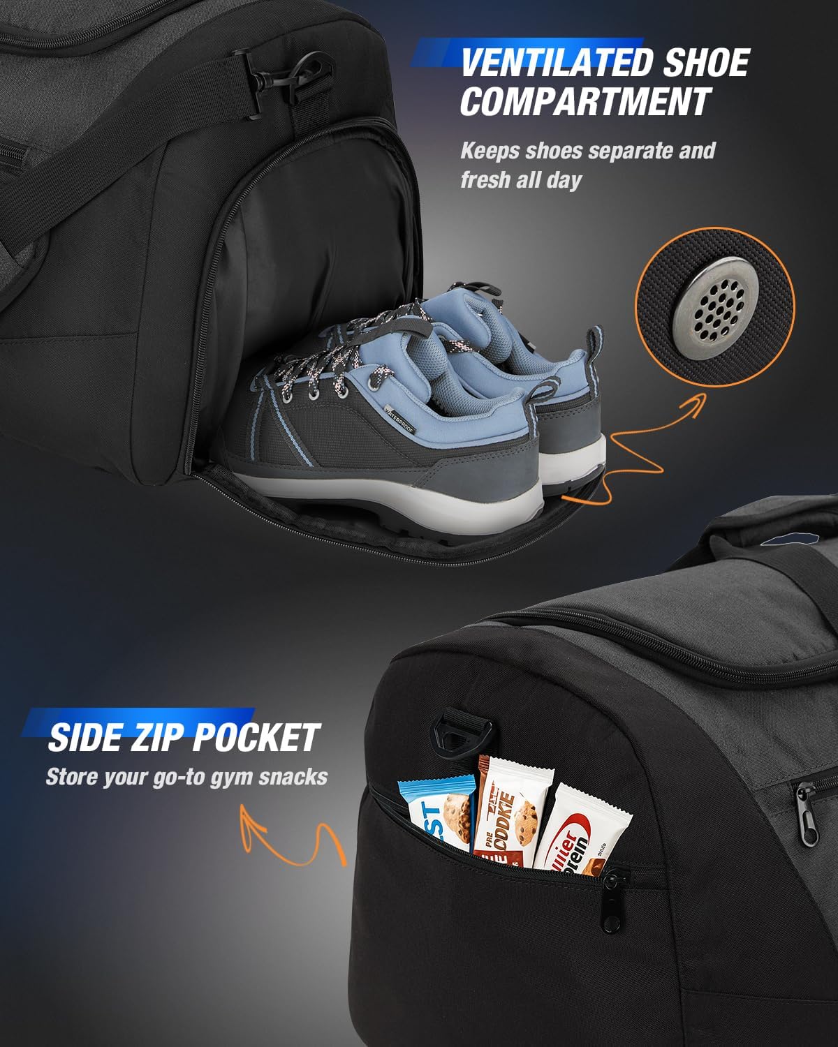 Gonex Gym Duffel Bag with Shoe Compartment Wet Pocket, Large Capacity Sports Duffle Bag for Men Women, Workout & Travel Bag with Multiple Pockets, Black, Medium (60L)