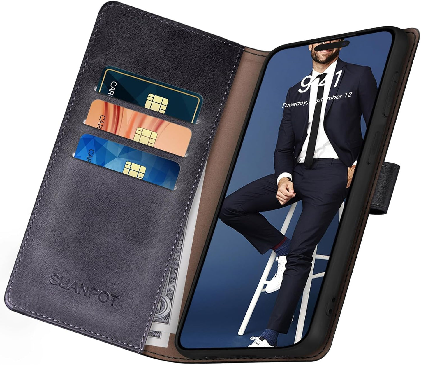 SUANPOT Compatible with iPhone 17 Pro Max 6.9" Wallet case with RFID Blocking Credit Card Holder,Flip Book PU Leather Protective Cover Women Men for Apple 17 Pro Max Phone case Black