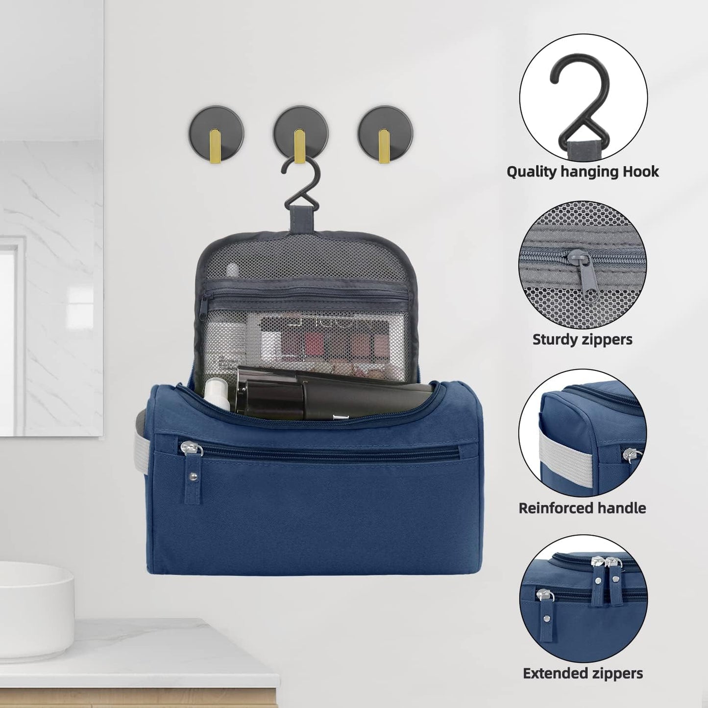 Buruis Travel Toiletry Bag for Men and Women, Hanging Toiletry Organizer Cosmetics Makeup Bag, Water-resistant Dopp Kit Shaving Bag, Small Toiletry Bag for Travel Essentials, Accessories (Denim Blue)