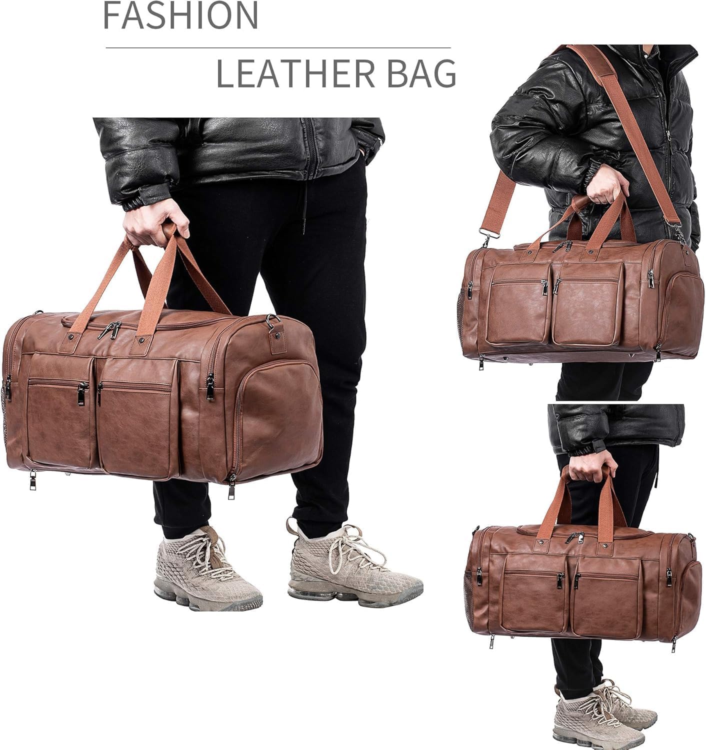 Leather Travel Bag with Shoe Pouch,Weekender Overnight Bag Waterproof Leather Large Carry On Bag Travel Tote Duffel Bag for Men or Women-Brown