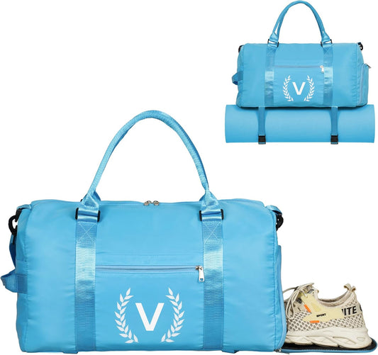 Gym Bag for Women, Personalized Duffle Bag with Shoe Compartment, Sports Bag for Yoga & Dance with Wet Pocket and Mat Strap(AquaBlue,V)