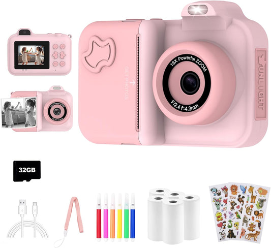 Kids Camera Instant Print, Christmas Birthday Gifts Toys for Girls Boys Age 4 5 6 7 8 9 10 11 12 Years Old,1080P HD Dual Lens Selfie Digital Camera with 5 Rolls Print Paper Stickers Pens 32G Card