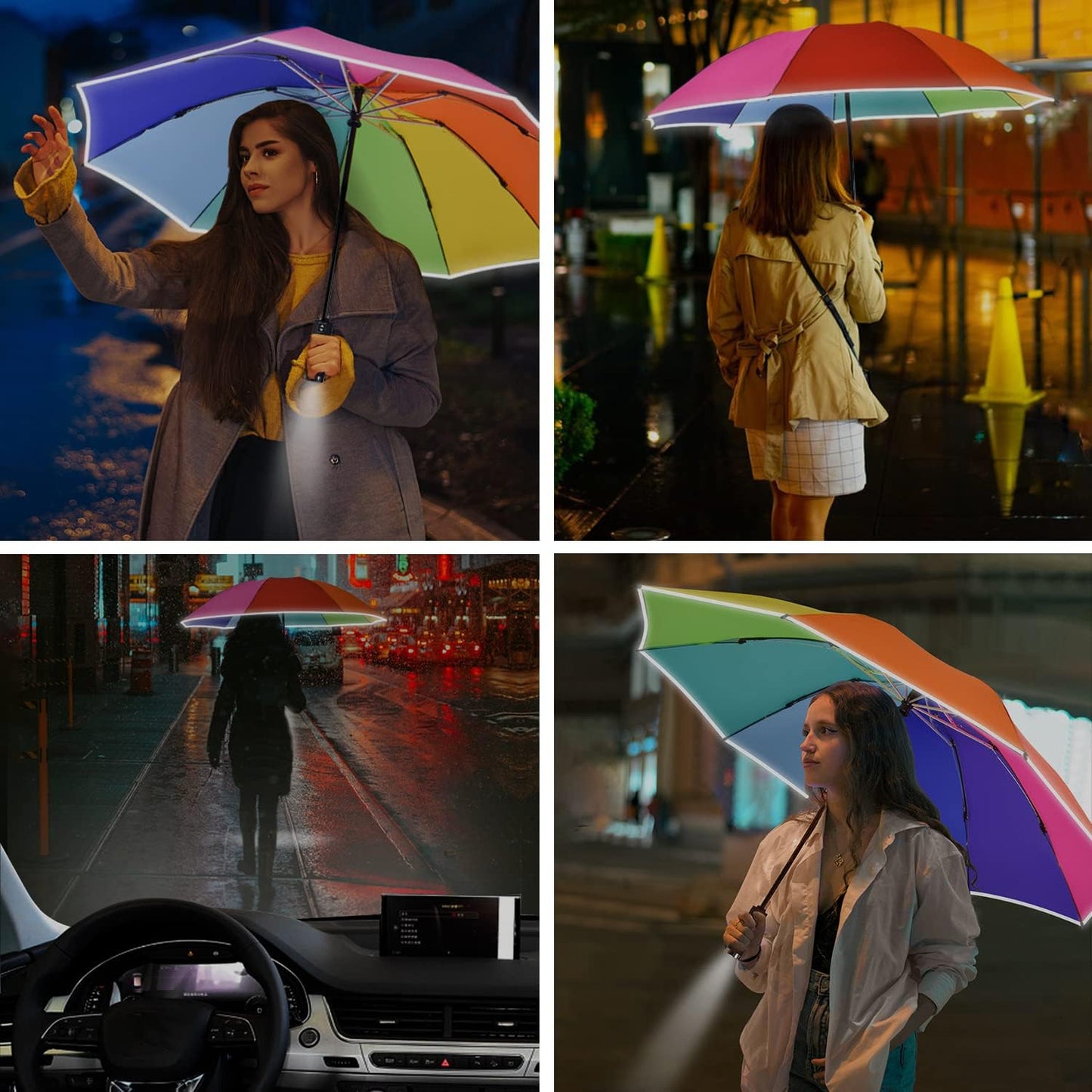 Lejorain Inverted Rainbow LED Umbrella - Folding Reverse Automatic Travel Umbrellas Compact for Rain Windproof Women - Portable Upside Down Collapsible Reflective Umbrella