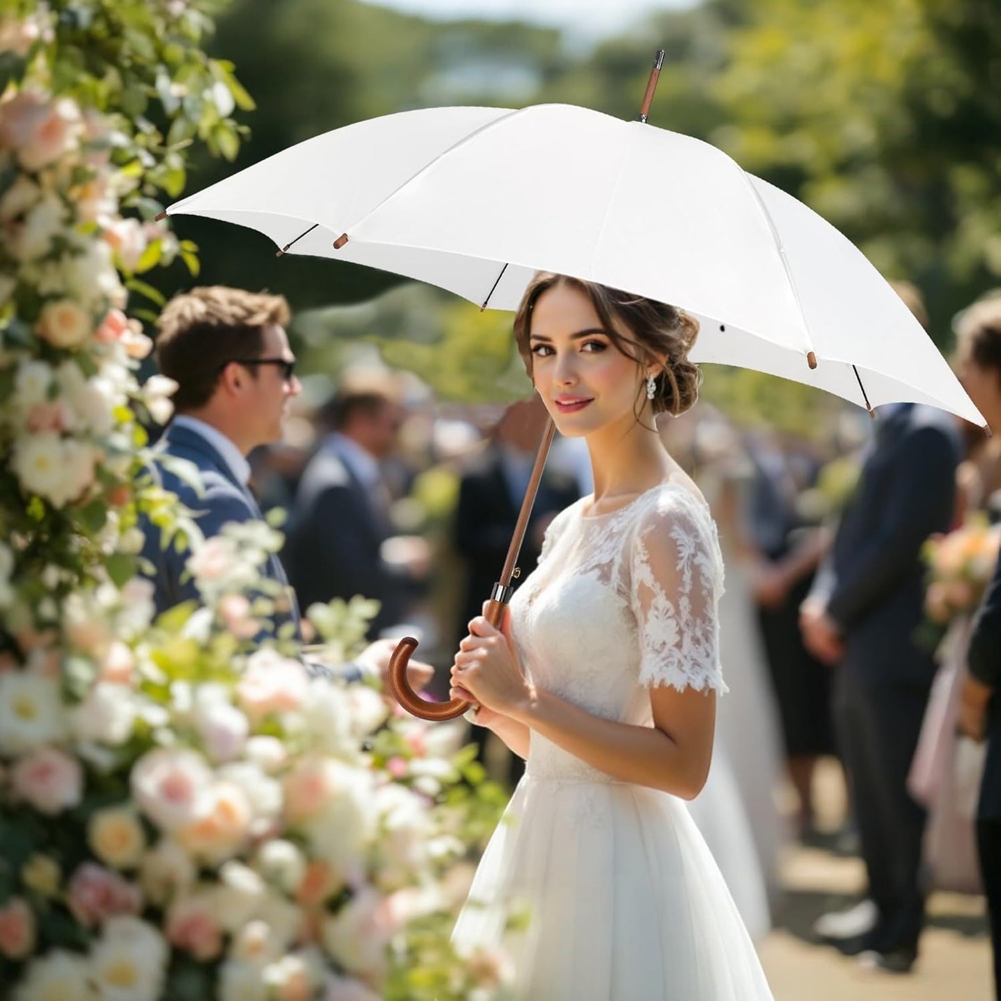 SoulRain 48" White Stick Umbrella – Large Windproof Wedding Umbrella for Rain, Automatic Open, Vintage Cane Umbrella with Wooden Handle & Shaft, Elegant Parasol for Women & Men(White)