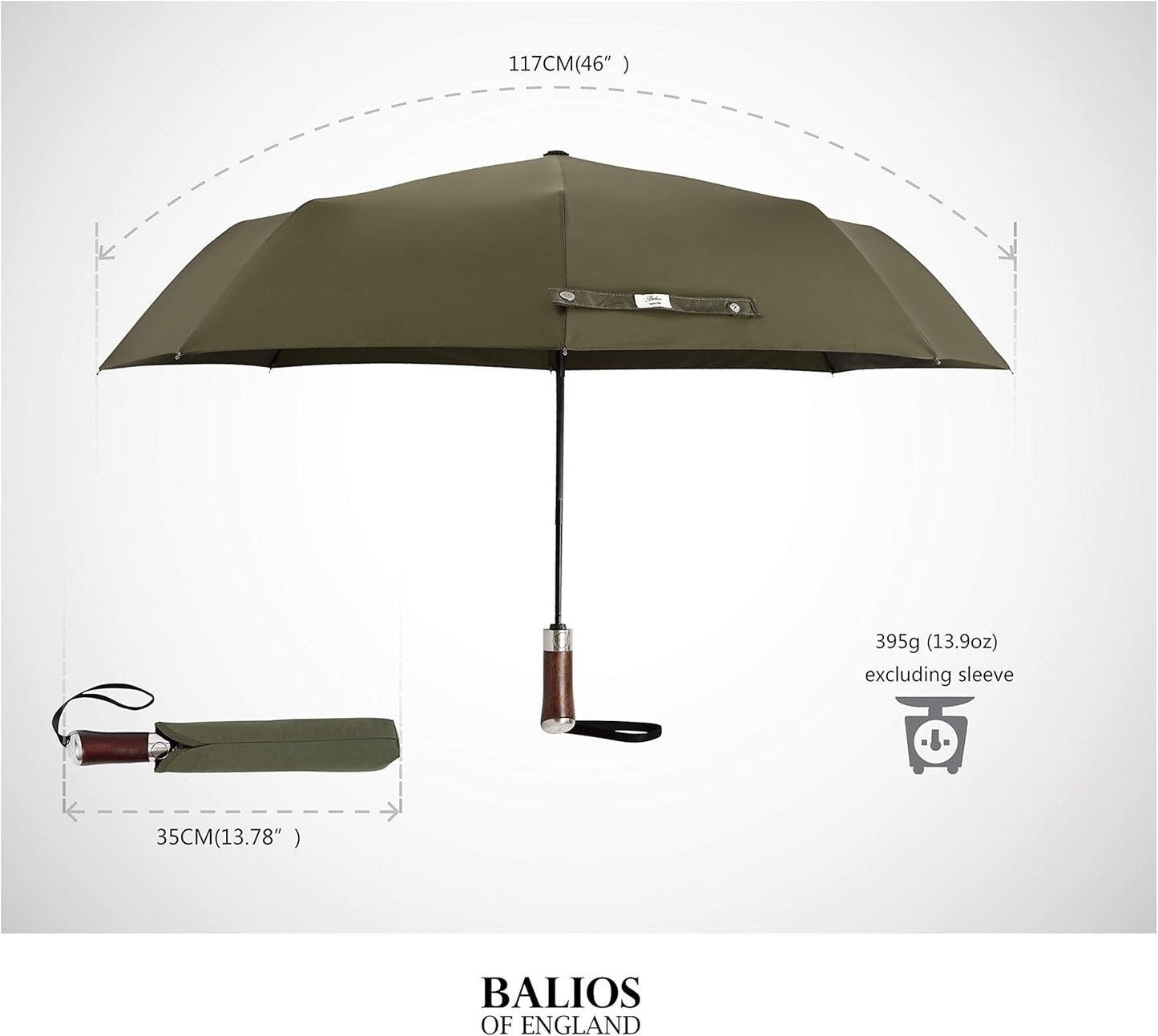 Balios (Designed in UK) Travel Umbrella Luxurious Golden Hardwood Handle Auto Open & Close Windproof Frame Single Canopy Automatic Folding Umbrella Men's & Ladies