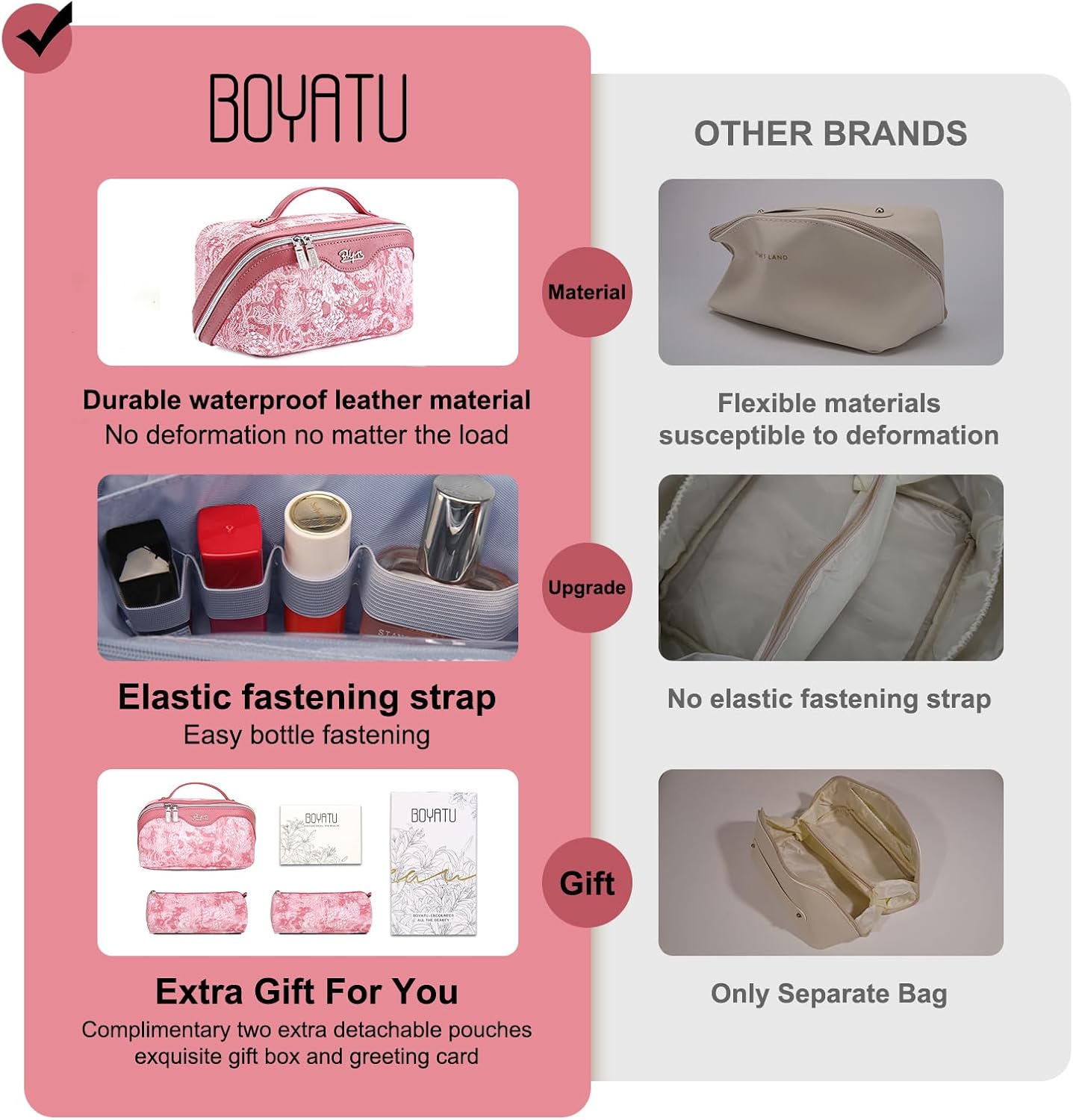 BOYATU Travel Makeup Bag for Women: Large Capacity Make up Bag with Compartments - Vegan Leather Cosmetic Bag set of 3 - Waterproof Toiletry Bag with Handle & Divider(E-4-Pink)