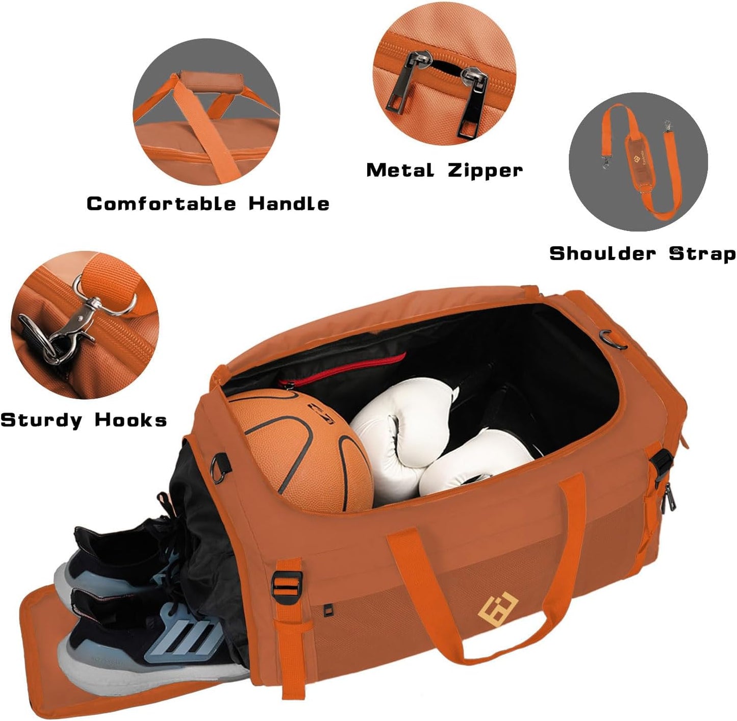 Eackrola Large Sports Gym Bag, Travel Duffel bag with Wet Pocket & Shoes Compartment for men women, 65L, Lightweight（Orange）