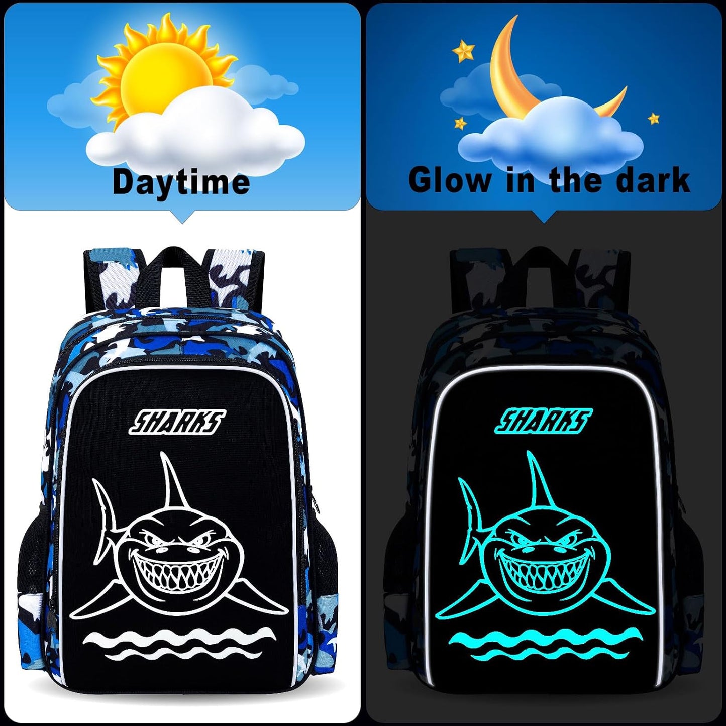 17 Inches Glow in The Dark Shark Backpack for Boys, 3Pcs School Bookbag Set for Teens, Laptop Backpacks with Lunch Bag(Blue)