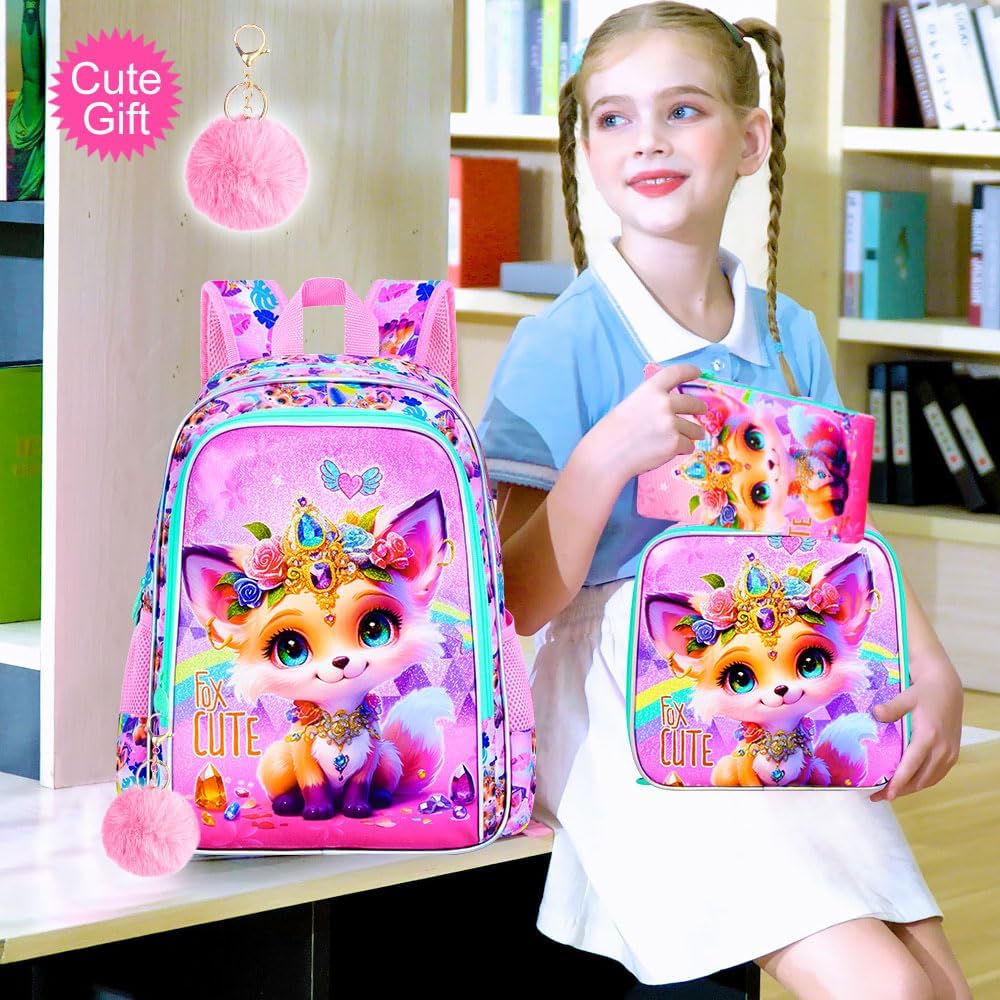 16" Backpack for Girls, 3Pcs Fox Kids Bookbag with Lunch Box，School Backpacks for Elementary Preschool Kindergarten (Pink)