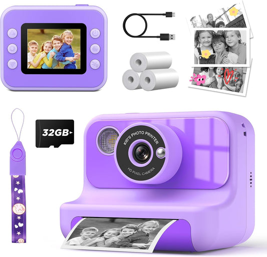 Instant Print Camera for Kids, 1080P Digital Video Cameras, Christmas Birthday Gifts Toys for Age 3-12, Toddler Camera for 4 5 6 7 8 9 10 Year Old Girls - Purple