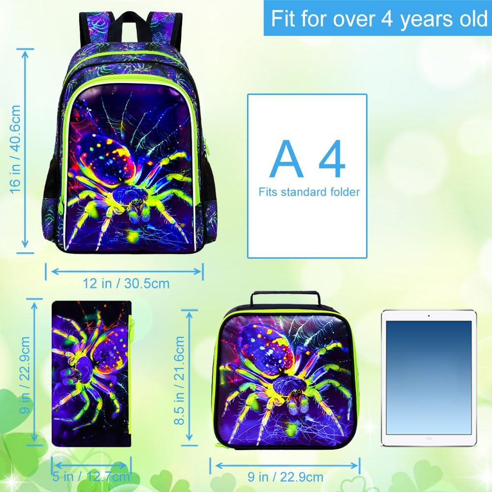 16" Spider Backpack for Boy, 3Pcs Kids Bookbag for Elementary Preschool Kindergarten, School Backpacks with Lunch Box(Green)