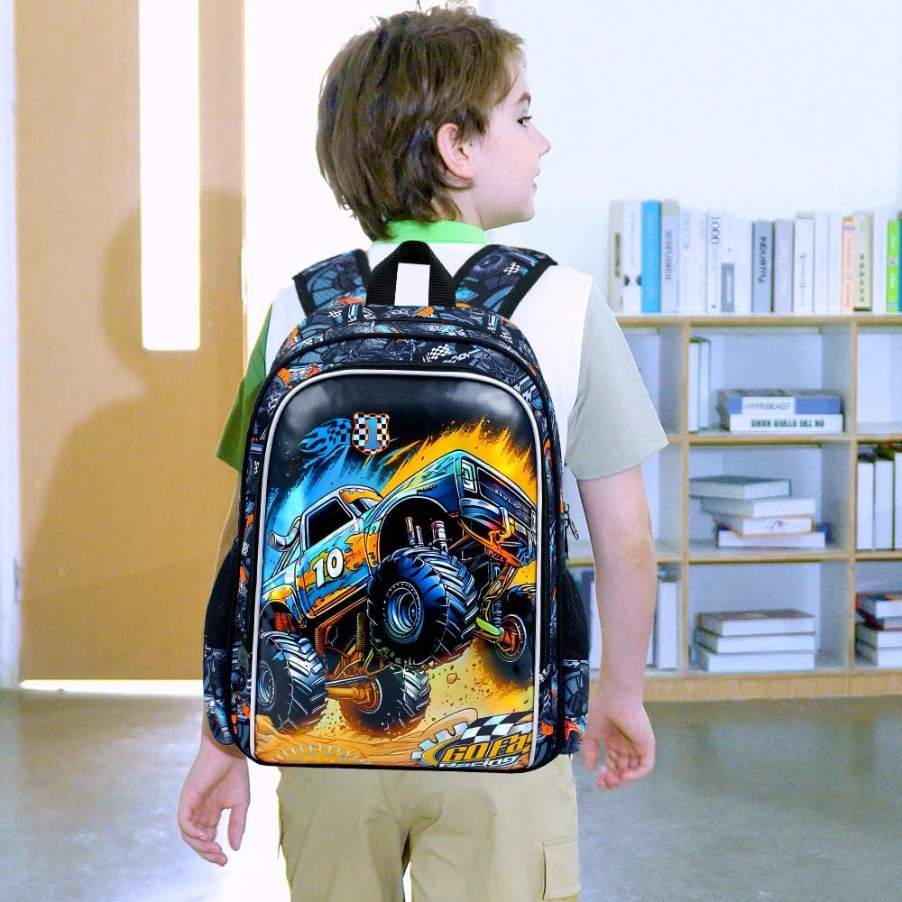 16" Truck Backpack for Boy, 3Pcs Car School Backpacks with Lunch Box, Kids Bookbag for Elementary Preschool Kindergarten(Black)