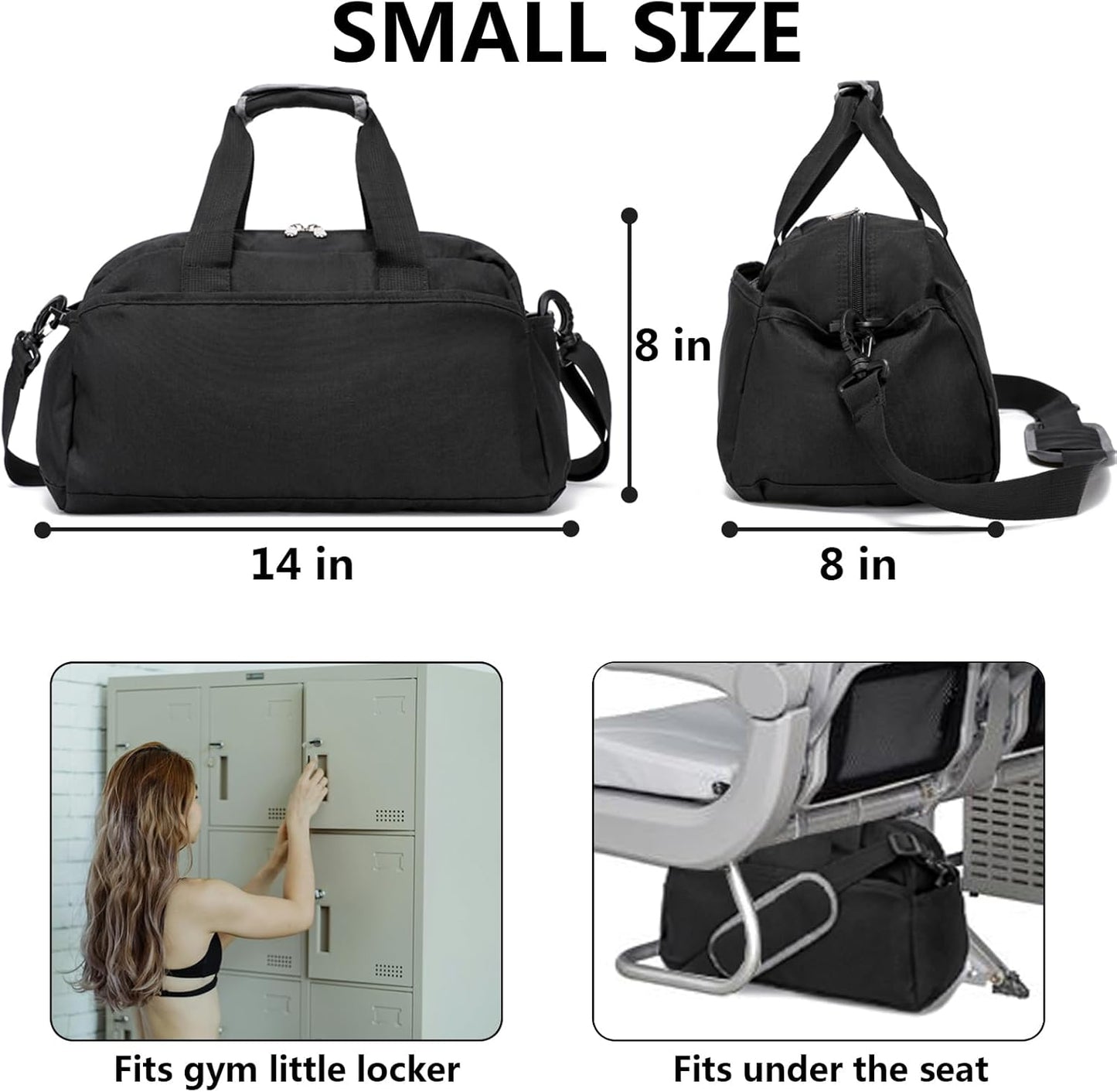 14 inch Small Gym Bag for Women & Men, Mini Duffel Bag for Travel Sports Lightweight Carry On Bag, Black