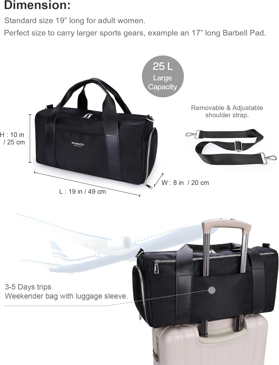 Gym Bag for Women with Shoe Compartment & Wet Pocket - Duffle Bag for Travel Sports Fitness Workout Athletic, 19“-Medium, Black