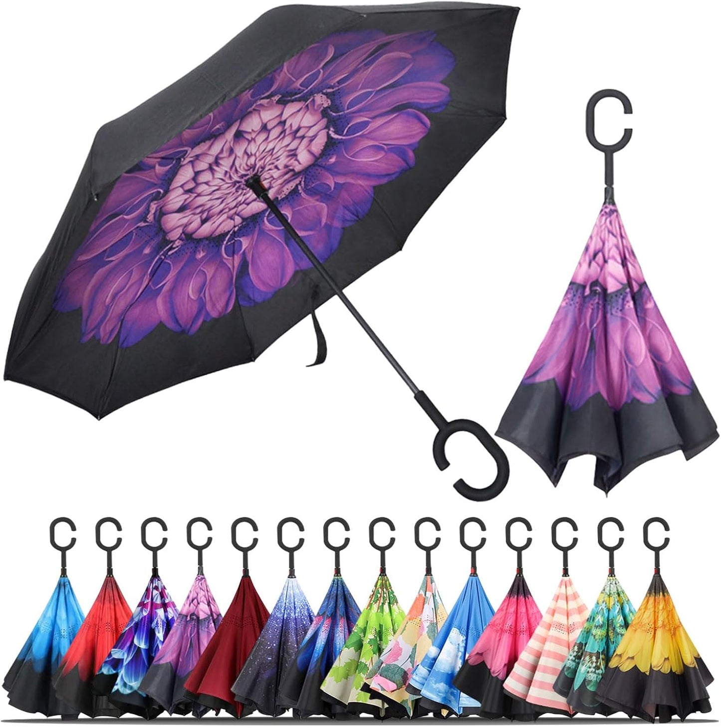 LLanxiry Windproof Inverted Umbrella, Large Reverse Umbrellas for Rain with C-shaped Handle Big Upside Down Inside Out Umbrella for Women & Men