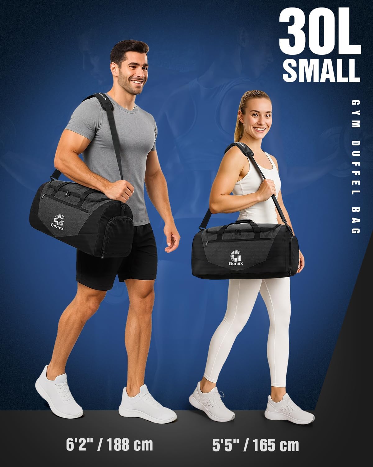 Gonex Gym Duffel Bag with Shoe Compartment Wet Pocket, Large Capacity Sports Duffle Bag for Men Women, Workout & Travel Bag with Multiple Pockets, Black, Small (30L)