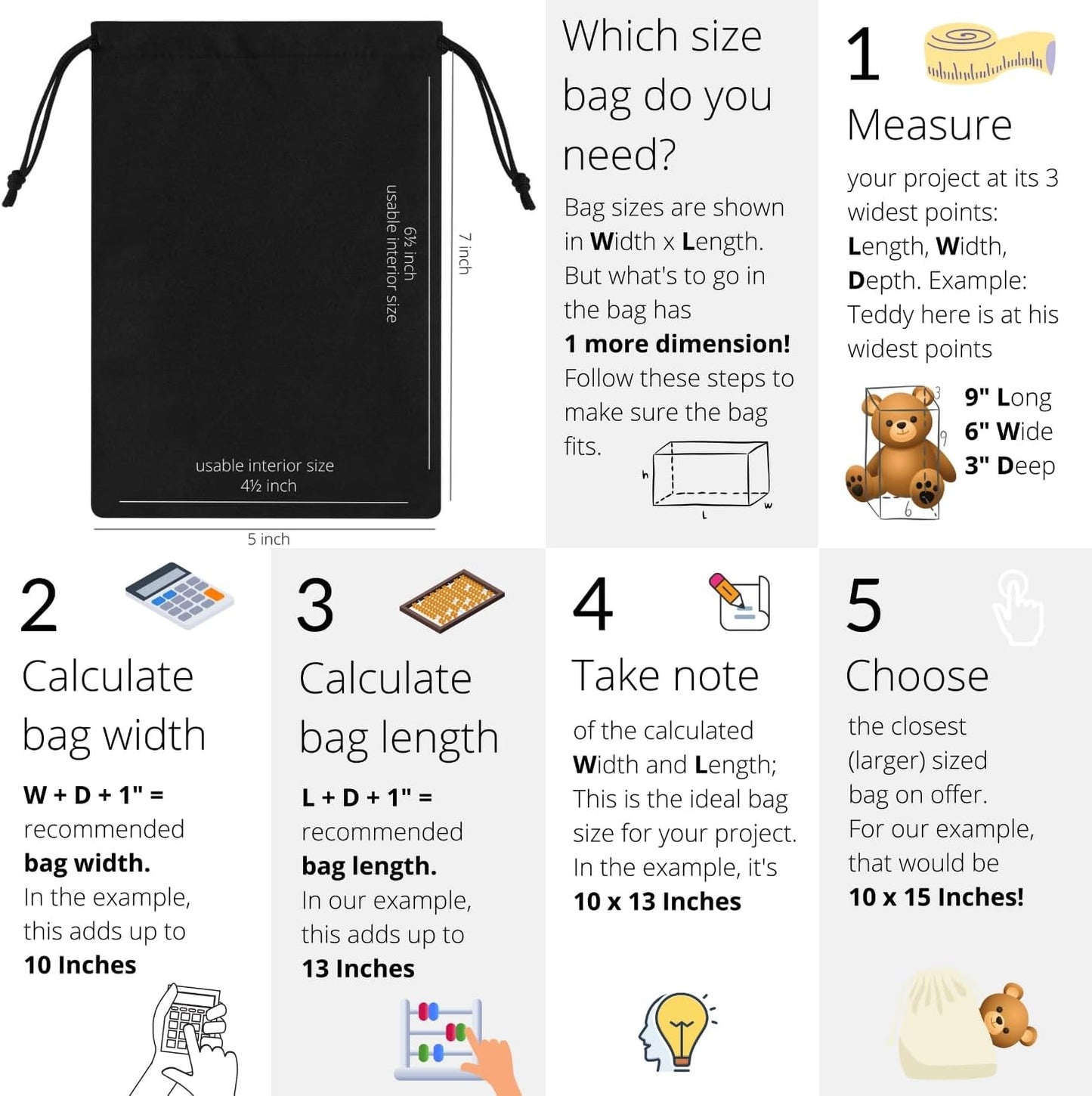 Premium Microfiber Drawstring Bags (Set of 5) – Multipurpose Travel Storage Pouches for Cords, Toiletries, Jewelry, Shoes – Durable Organizer with Strong Drawstring Closure (Black, 5 x 7 Inches)