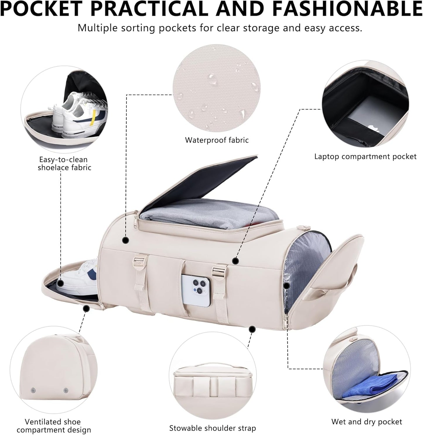 Gym Bag with Shoes Compartment and Wet Pocket - Sports Duffle for Men and Women, Travel Backpack Weekender Overnight Bag Beige - MIYCOO