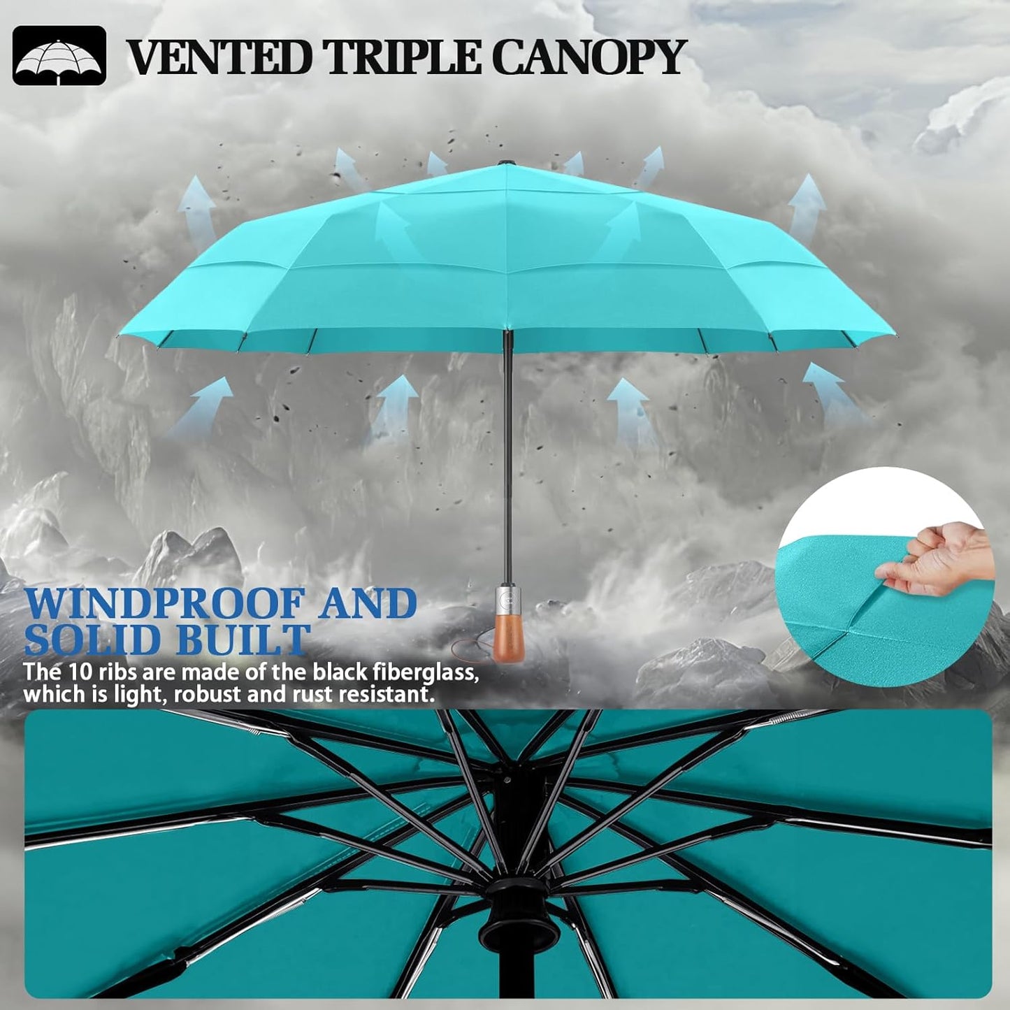 Umbrella Strong Windproof, Triple-Layer Canopy, 10 Fiberglass Ribs, Auto Open/Close, Wooden Handle, Sleeve with Anti-Loss Hook, Umbrellas for Travel & Commute & Daily Use & Gift