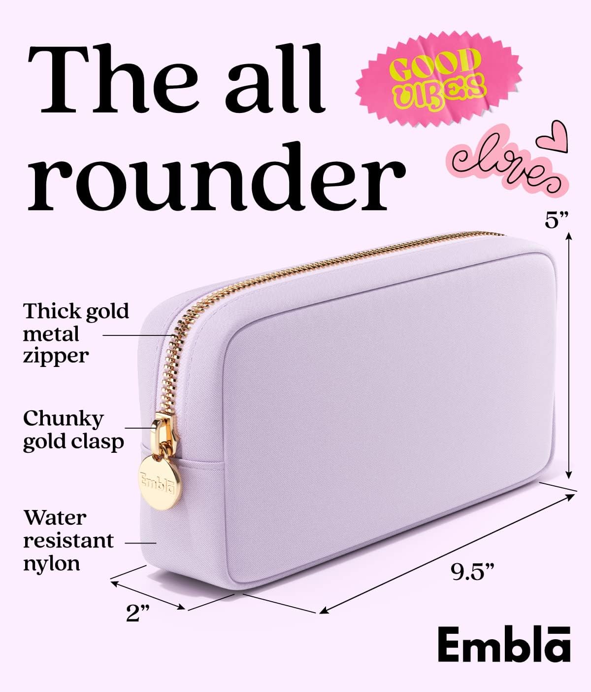 Embla Makeup Bag Travel Cosmetics Pouch and Toiletry Bag, Nylon Zipper Pouch Purse, Cute Make Up Organizer Storage Tote for Women Girls, Waterproof Travel Skincare Case, Small Makeup Bags, Lilac