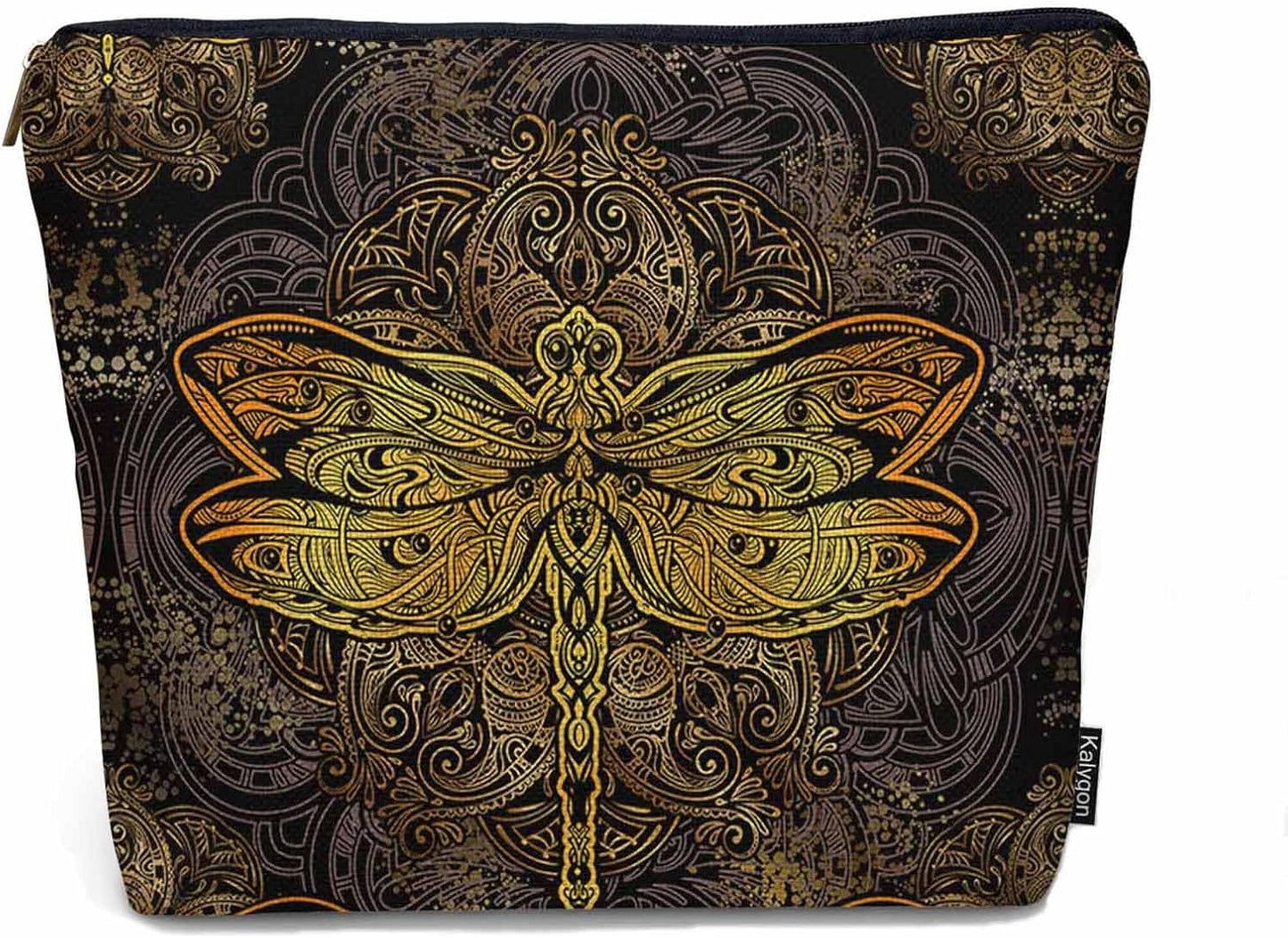 Dragonfly Makeup Bag For Women, Adorable Cosmetic Bag Makeup Bags, Ethnic Mandala Dragonflies Golden Zipper Bag Travel Bags Toiletry Organizers Pouch Bags Washing Bags For Gym Bathroom