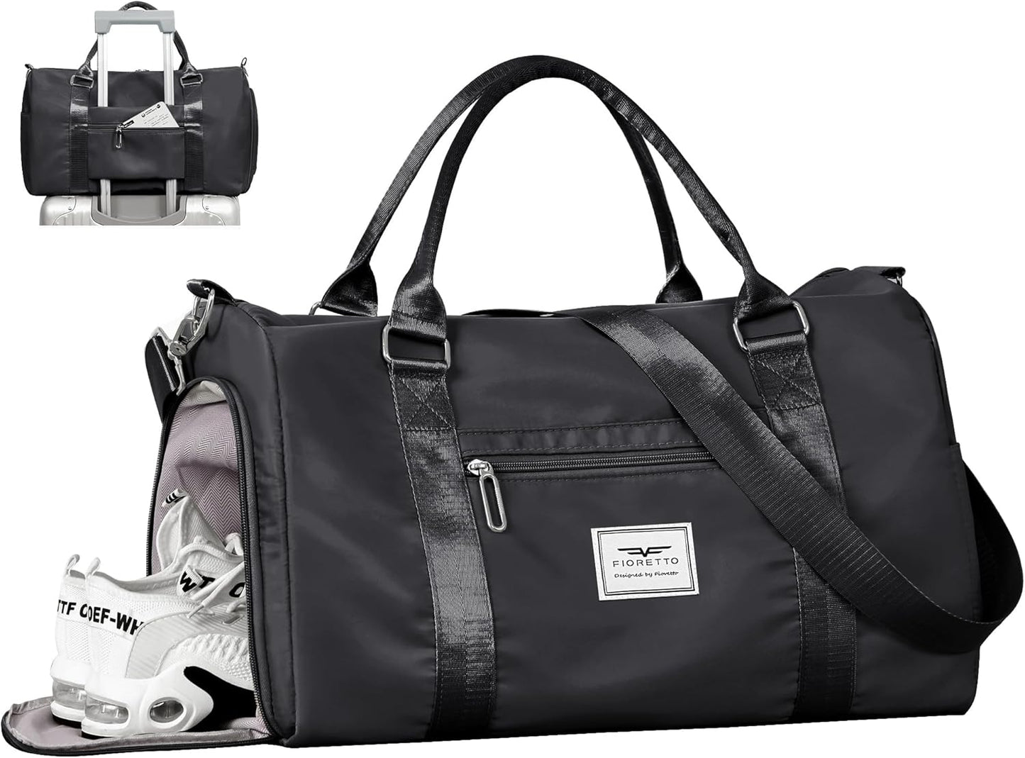 FIORETTO Womens Gym Tote Duffle Bag with Wet Pocket & Shoe Compartment, Sports Duffel Overnight Weekender Hospital Workout Carry on Bag for Girls, Ideal for Travel, Swimming, Dance, Ballet Black