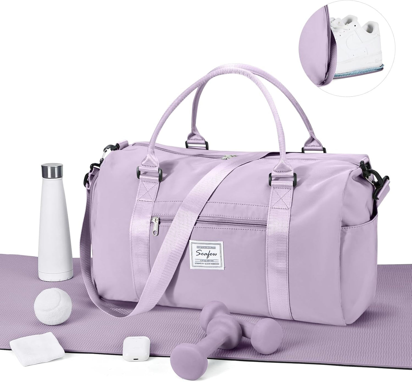 Gym Bag for Women Men with Shoes Compartment,Sports Duffle Bag Personal item travel Duffel Bags Tote Bag Small Carry on Weekender Overnight Bag Workout Dance Bag Hospital Holdalls Light Purple