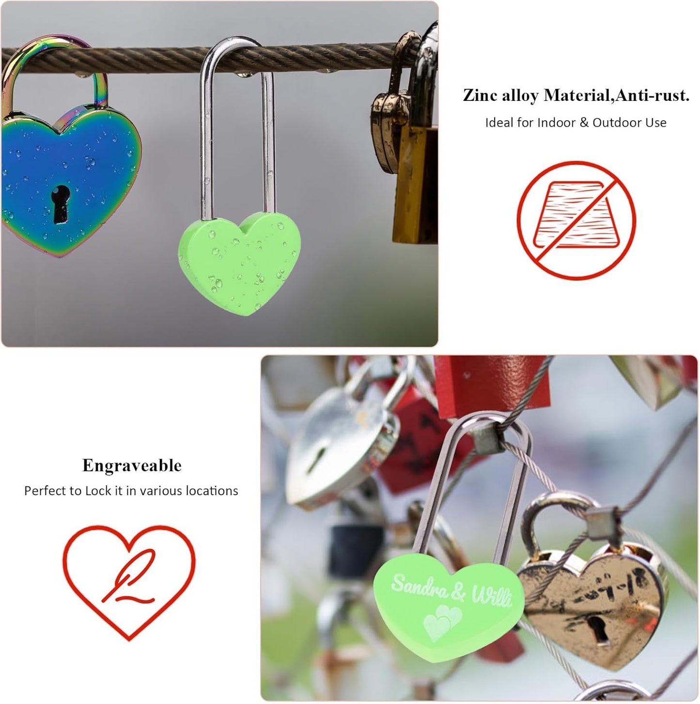 10PC 3.5" 50mm Love Lock Heart Padlock,Green Single Heart Wish Lock for Lovers Wedding,Valentines,Anniversary,Travel, Valentines Day, Bridge(NO Key)