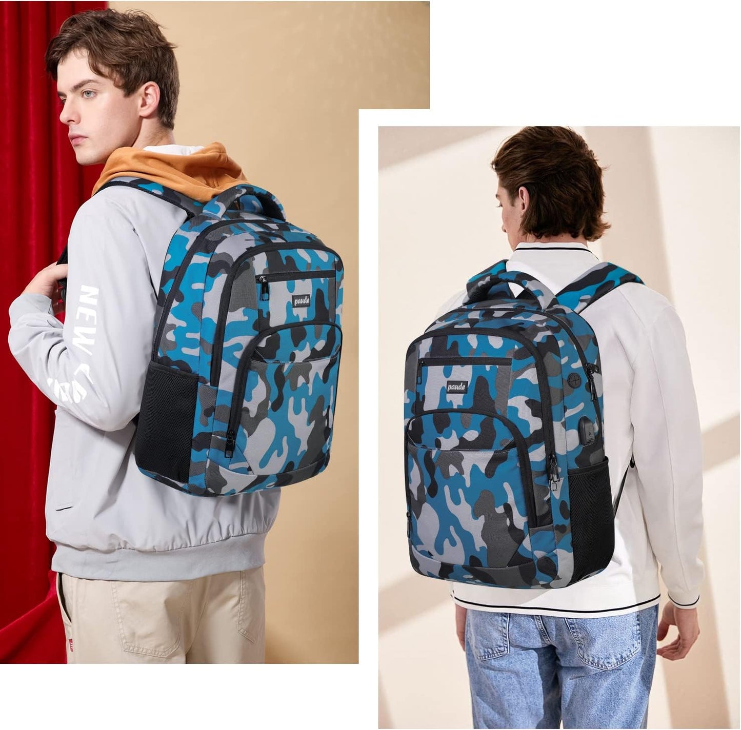 17 inch Backpack for Men,College Backpack School Bookbag for Teens,Travel Laptop Bookbag with USB Port and Headphone Hole,Camouflage Blue