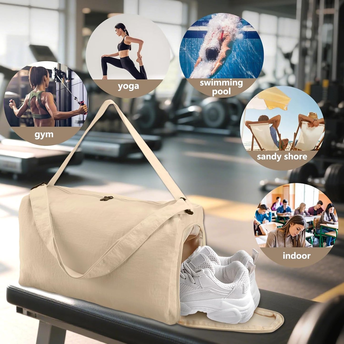 Small Gym Bag for Women with Shoes Compartment, Travel Duffel Overnight Bags for Women & Men, Weekend Carry on Bag - Sport Yoga Dance(Khaki)