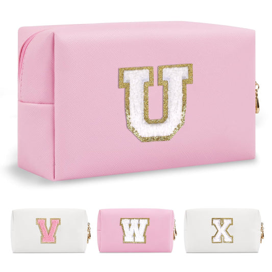 Personalized Initial A-Z Preppy Patch Makeup Bag,Small PU Chenille Letter Cosmetic Bag with Zipper for Teen Girls,Pink Cute Toiletry Organizer Bag,Monogram Makeup Case Gift for Women Girls,Letter U