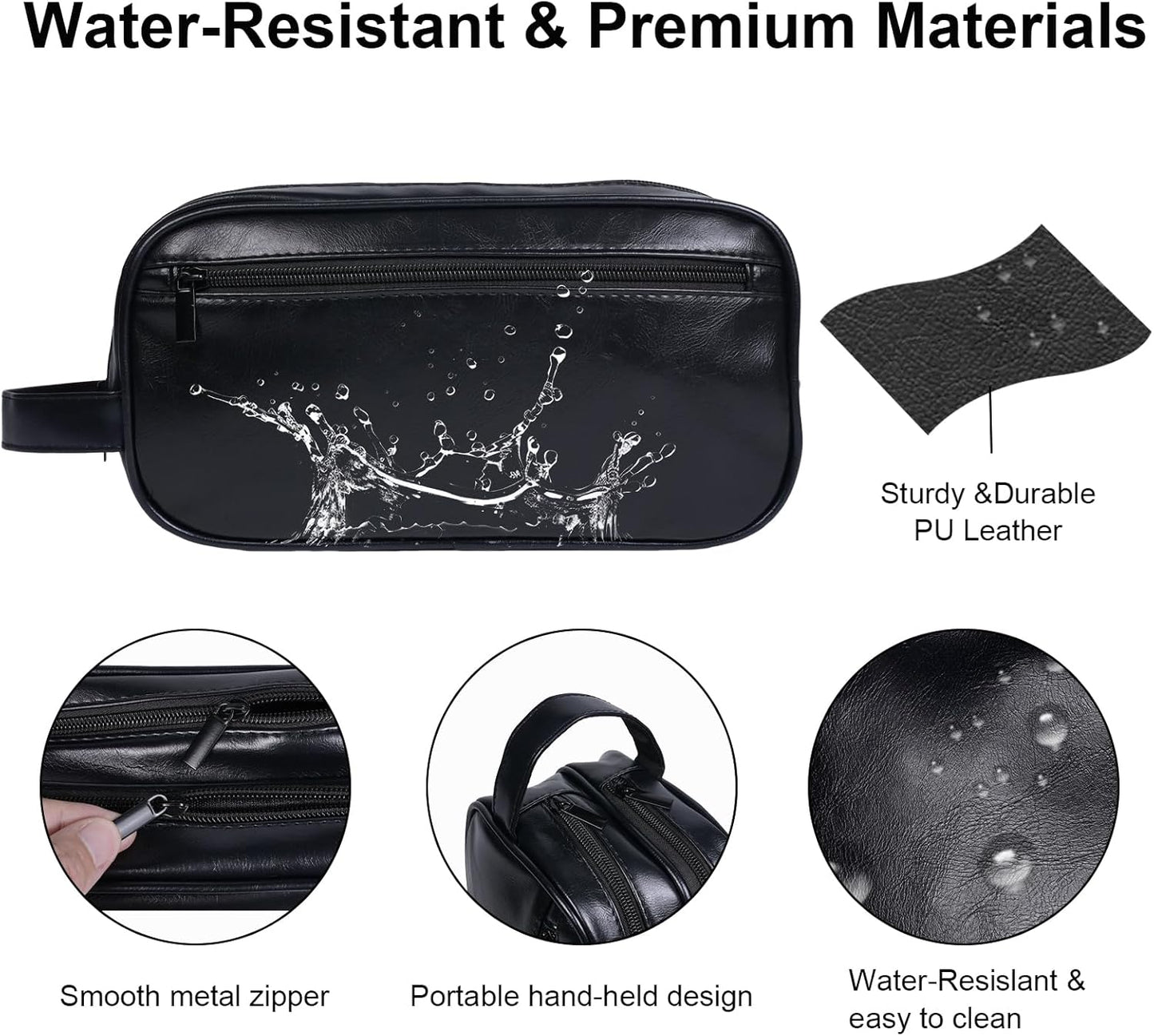 Mens travel toiletry bag, Gift For Men，PU Leather Water Resistant Cosmetic Bag Dopp Kit Shaving Pouch with Large Capacity for Toiletries Accessories(Black)