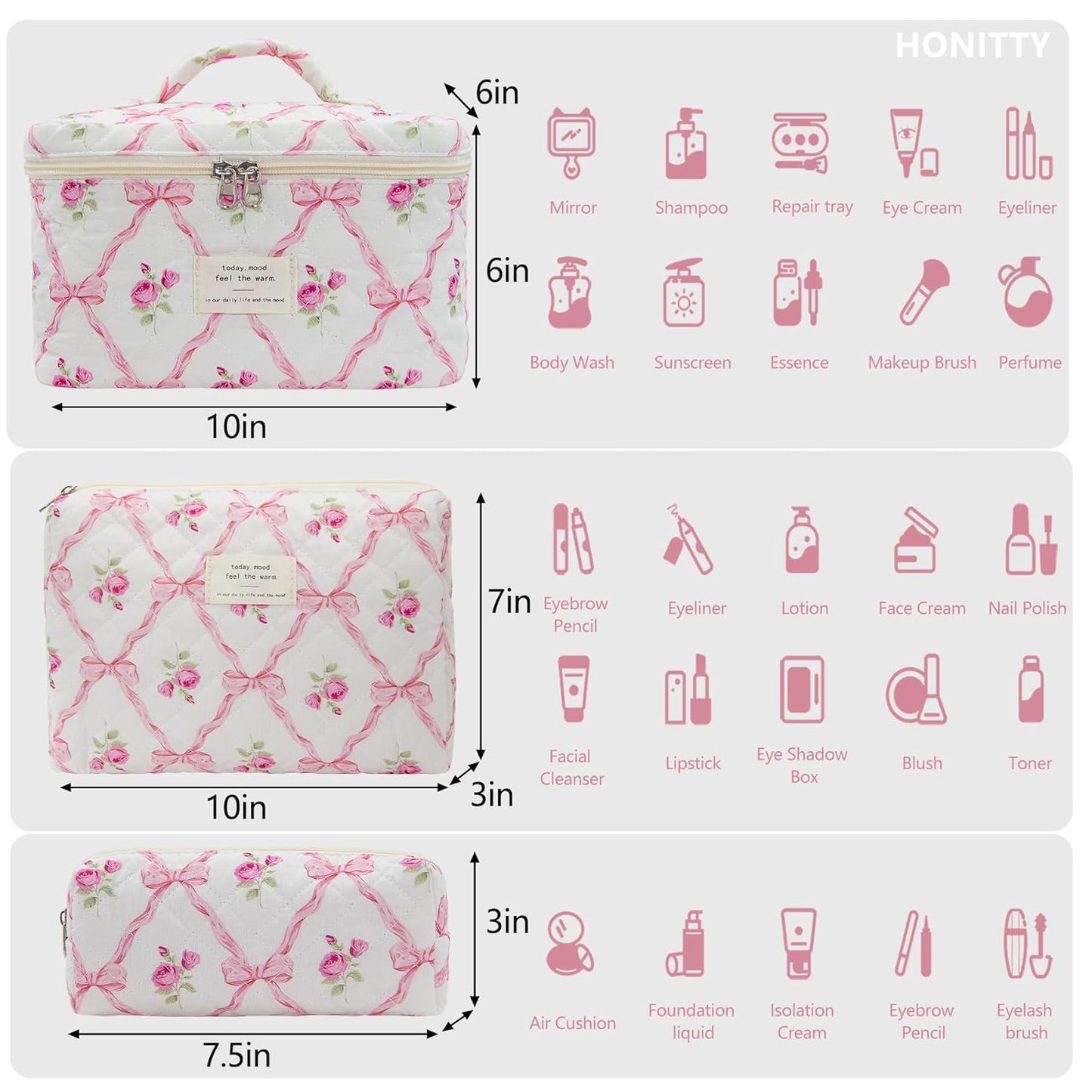 Makeup Bag,Quilted Cosmetic Bag,Large Floral Make Up Bag for Women,Cotton Makeup Bag Set,Flower Travel Toiletry Bag