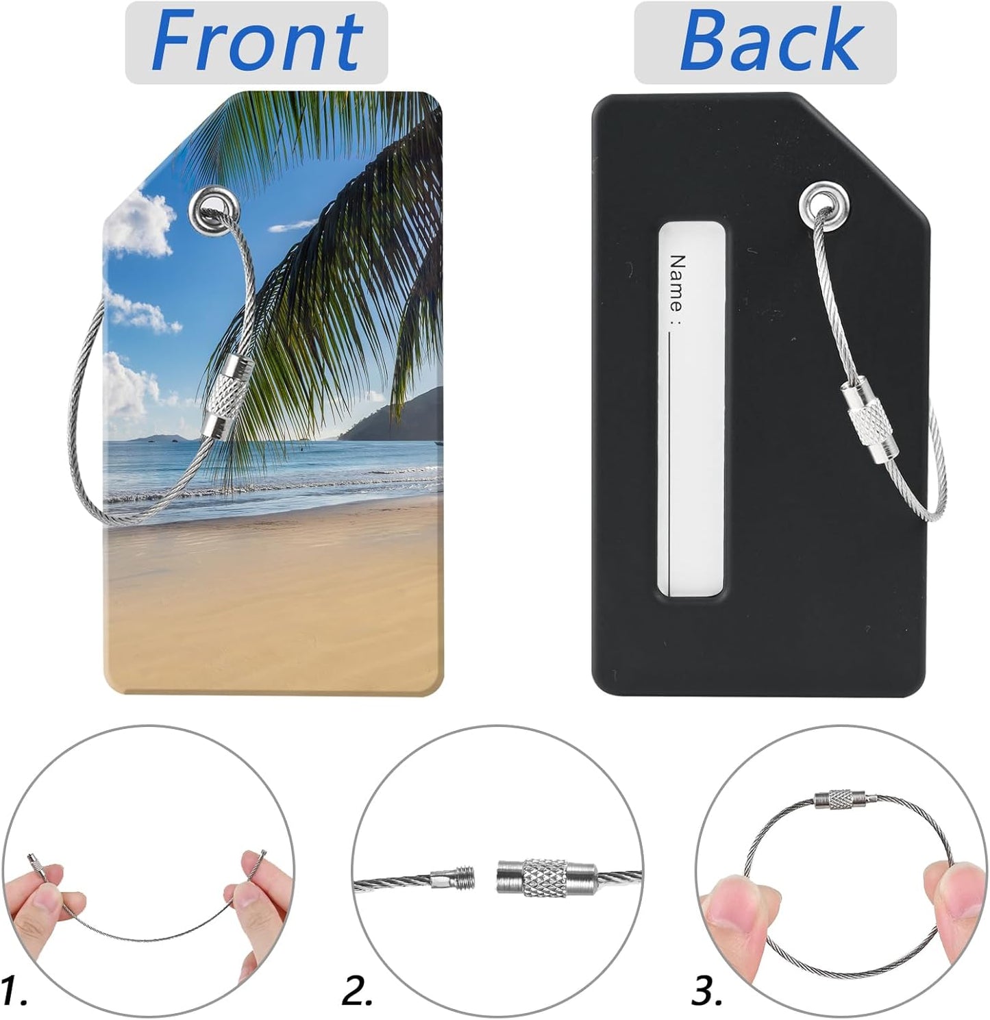 2 Luggage Tags, (1" Smaller Than Traditional) Perfect for Quick Luggage Identification with Stainless Steel Ring and Address Card for Travel and Luggage (Beach by The sea)